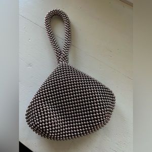 Silver Beaded Vintage Pouch with Brown Liner